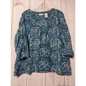 Liz & Co Shirt Ladies 2x Teal Blue‎ Floral Print 3/4 Sleeve Stretch Colorful